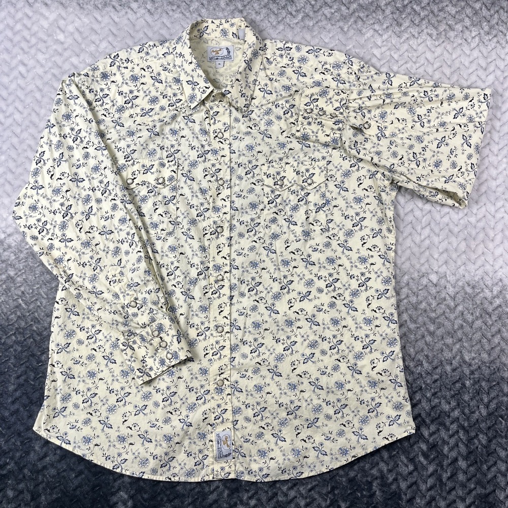 Panhandle Slim Sawtooth Pearl Snap Shirt Mens M Cream Floral Long Slv Retro